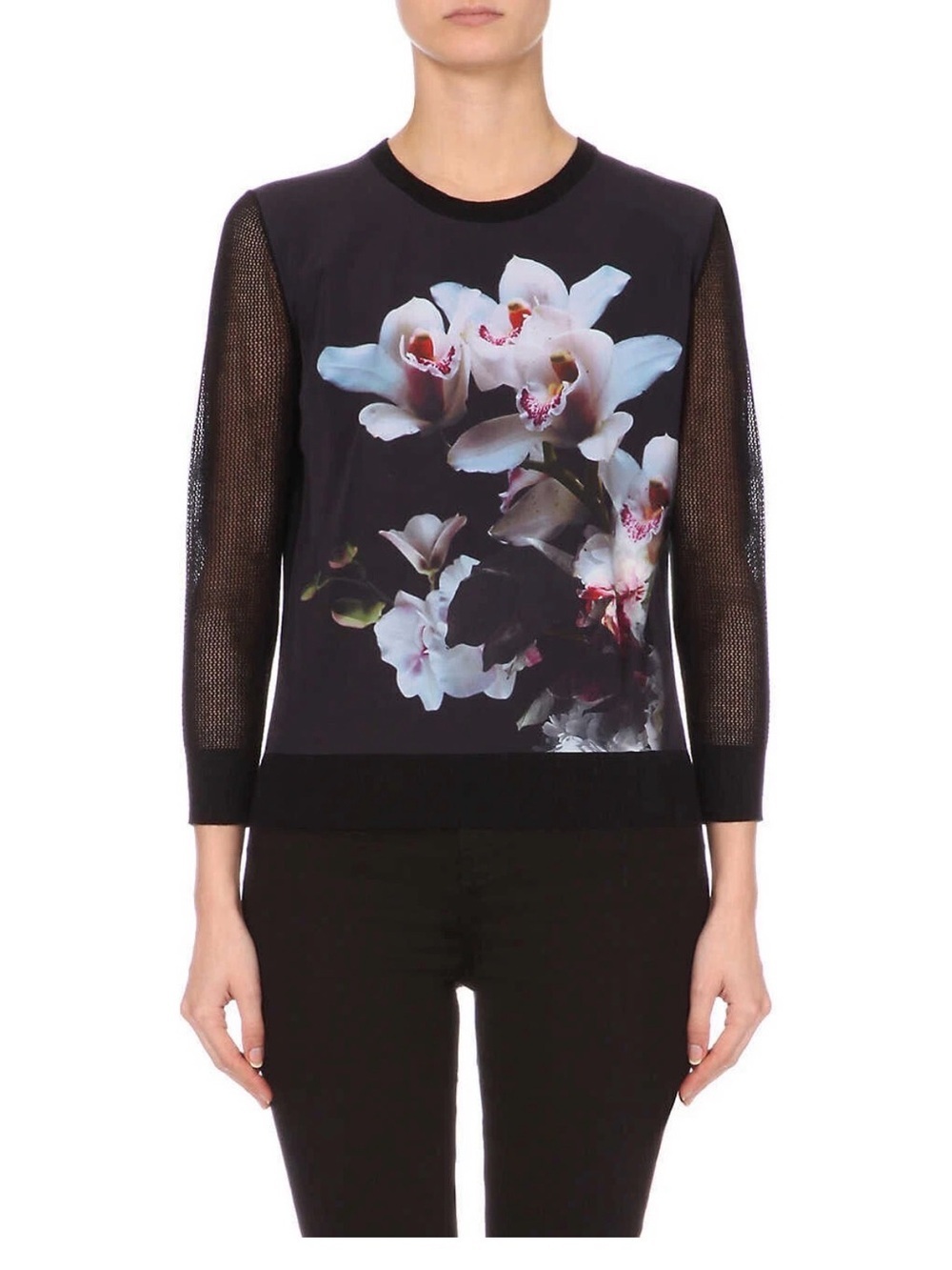 Ted Baker Black Floral-Front Mesh Sleeve Top
